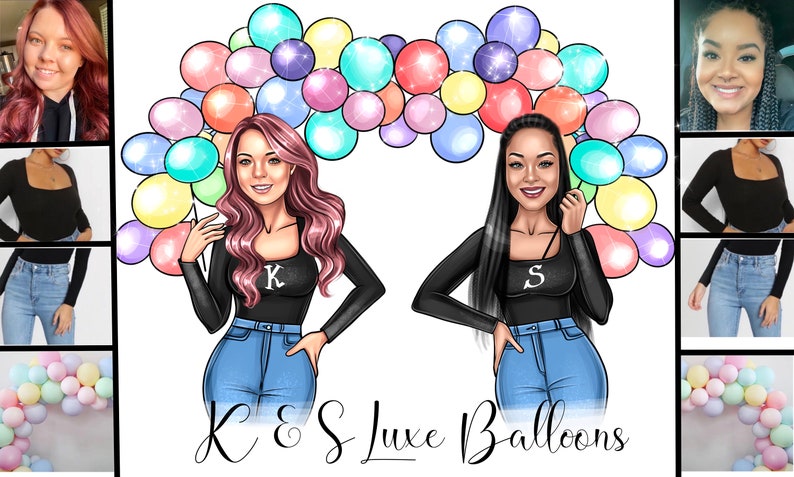 K&ouml;nnte beinhalten: Zwei Frauen in schwarzen Shirts mit den Buchstaben K und S darauf, die Ballons halten. Die Frauen stehen vor einem Ballonbogen. Der Text "K & S Luxe Balloons" befindet sich am unteren Rand des Bildes.