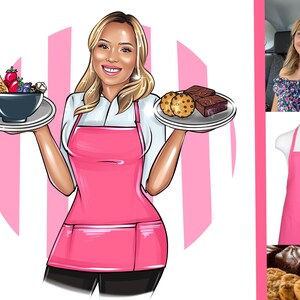 Puede incluir: Ilustraci&oacute;n de una mujer sonriente con un delantal rosa que sostiene platos de comida. Uno tiene un cuenco de fruta y cereales, el otro galletas y brownies. El fondo presenta rayas rosas y blancas.