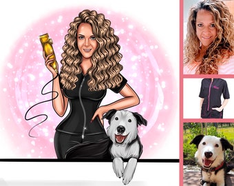 May include: An illustration of a woman with curly blonde hair holding a gold pet grooming clipper. She is wearing a black uniform and is accompanied by a black and white dog. The background is a soft pink with white sparkles.