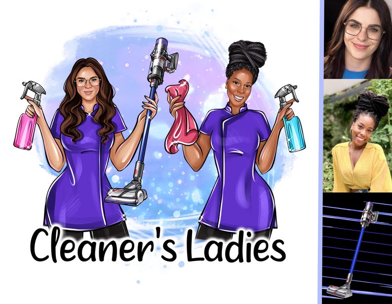 Puede incluir: Ilustraci&oacute;n de dos mujeres con uniformes morados, sosteniendo productos de limpieza. Una sostiene una aspiradora, la otra un pulverizador rosa. El texto "Cleaner's Ladies" est&aacute; escrito en cursiva debajo.