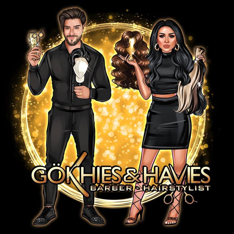May include: Digital illustration of a barber and hairstylist. A man holds a comb and a hairpiece, while a woman holds a hair extension and a wig. The text "G&Ouml;KHIES & HAVIES BARBER & HAIRSTYLIST" is at the bottom.