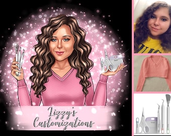 May include: A digital illustration of a woman with long curly brown hair wearing a pink sweater. She is holding a set of crafting tools, including a Cricut cutting machine, scissors, and a scraper. The text "Lizzy's Customizations" is written below the image.