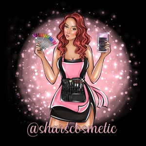 May include: A woman with long red hair is wearing a pink apron and holding a fan of colorful nail polish and a box of false eyelashes. The background is a pink and black glitter design. The text "@sharscosmetic" is at the bottom of the image.
