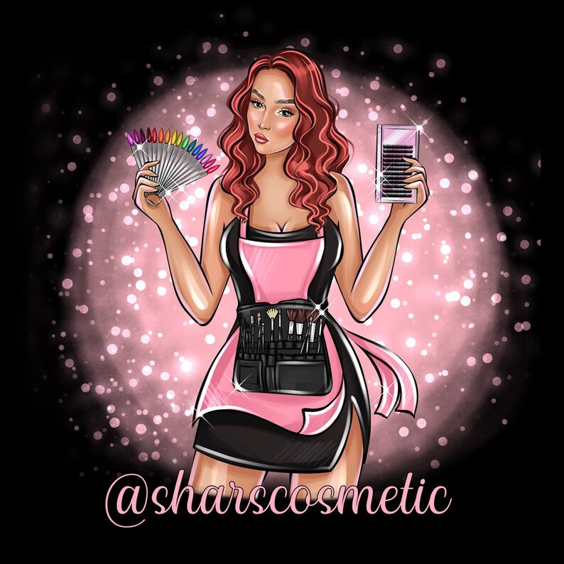 May include: A woman with long red hair is wearing a pink apron and holding a fan of colorful nail polish and a box of false eyelashes. The background is a pink and black glitter design. The text "@sharscosmetic" is at the bottom of the image.