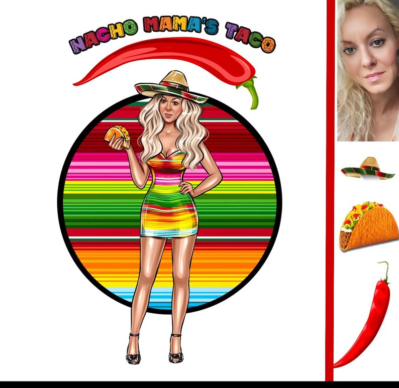 Puede incluir: Gr&aacute;fico colorido que presenta a una mujer con sombrero y vestido a rayas, sosteniendo un taco. La imagen est&aacute; sobre un fondo a rayas e incluye el texto "Nacho Mama's Taco" encima de un chile rojo.