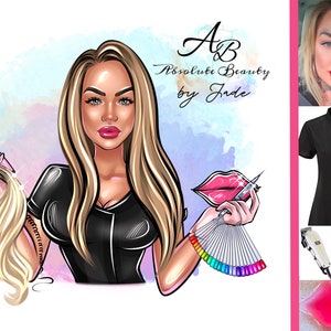 May include: A cartoon illustration of a woman with blonde hair holding hair extensions and a hair clipper. The text "AB Absolute Beauty by Jade" is in the background. The image also includes a pink lip, a needle, a color palette, and a black uniform.