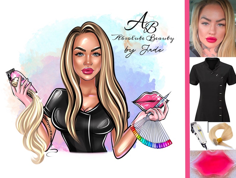May include: A cartoon illustration of a woman with blonde hair holding hair extensions and a hair clipper. The text "AB Absolute Beauty by Jade" is in the background. The image also includes a pink lip, a needle, a color palette, and a black uniform.