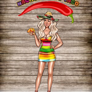 Puede incluir: Ilustraci&oacute;n de una mujer con sombrero y vestido a rayas de colores, sosteniendo un taco. Un gran chile rojo arqueado sobre su cabeza. Las palabras "NACHO MAMA'S TACO" est&aacute;n sobre la mujer.