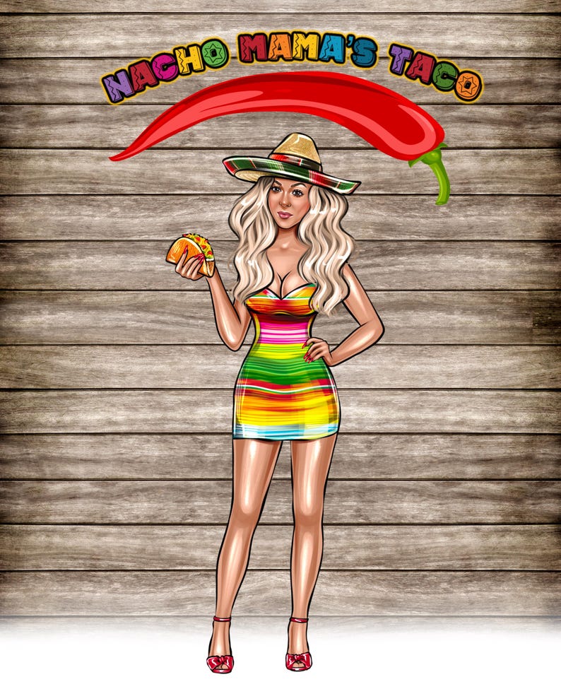 Puede incluir: Ilustraci&oacute;n de una mujer con sombrero y vestido a rayas de colores, sosteniendo un taco. Un gran chile rojo arqueado sobre su cabeza. Las palabras "NACHO MAMA'S TACO" est&aacute;n sobre la mujer.