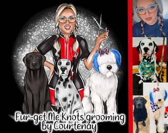 May include: A cartoon illustration of a woman with blonde hair and glasses holding scissors, standing with three dogs. The dogs are a black Labrador Retriever, a Dalmatian, and a white Old English Sheepdog. The text "Fur-get Me Knots grooming by Courtenay" is at the bottom of the image.