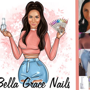 May include: A cartoon illustration of a woman with long dark hair wearing a pink crop top and blue jeans. She is holding a bottle of nail polish in one hand and a fan of colorful nail polish swatches in the other. The text "Bella Grace Nails" is written below the image.