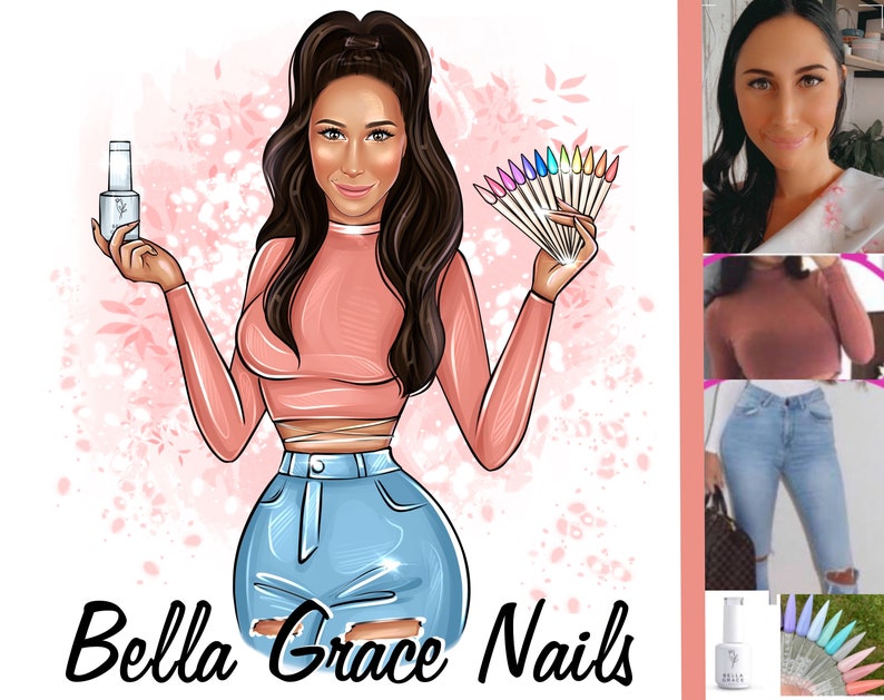 May include: A cartoon illustration of a woman with long dark hair wearing a pink crop top and blue jeans. She is holding a bottle of nail polish in one hand and a fan of colorful nail polish swatches in the other. The text "Bella Grace Nails" is written below the image.