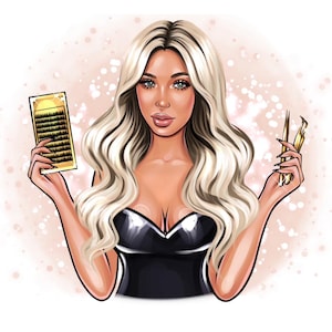 May include: Illustration of a woman with long blonde hair, holding eyelash extensions and tweezers. The woman is wearing a black top. The background is a soft pink with white dots.
