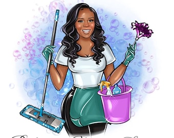 Può includere: Un'illustrazione di cartone animato di una donna che tiene una scopa, un secchio di prodotti per la pulizia e uno spolverino. Lo sfondo è un design acquerello blu e viola con bolle bianche. Il testo "Pinkanosa Cleaning Services" è nella parte inferiore dell'immagine.