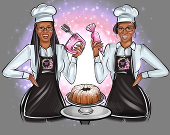 May include: Two women wearing white chef hats and aprons stand on either side of a cake on a silver stand. The woman on the left is holding a pink mixer and the woman on the right is holding a pink piping bag. The aprons have a floral design with the text "The Sweetest Treat" on them.