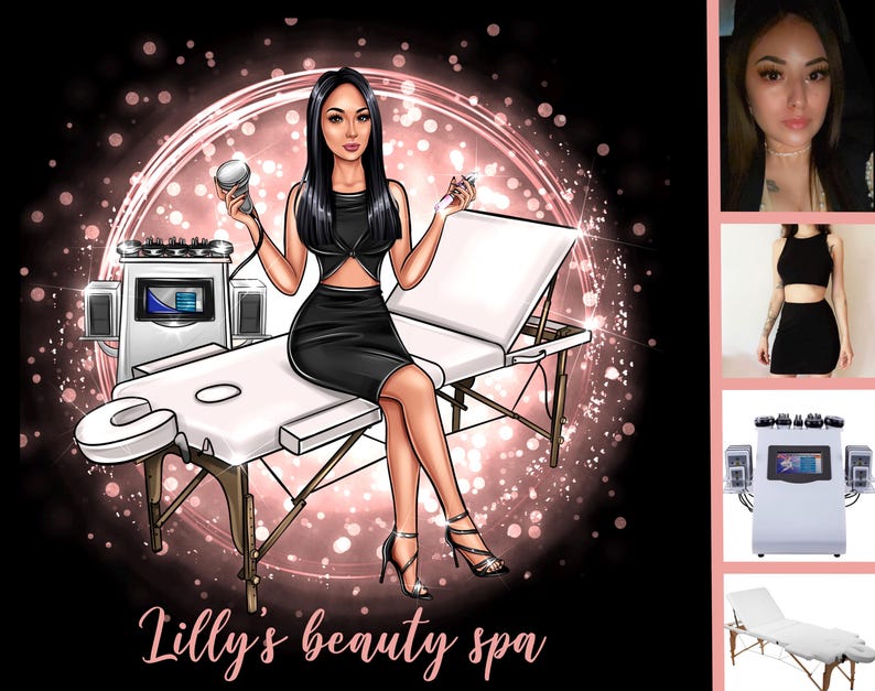 May include: Illustration of a woman in a black dress sitting on a white massage table, holding beauty tools. The background has a pink circular design and the text "Lilly's beauty spa".