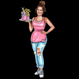 Puede incluir: Ilustraci&oacute;n de una mujer sosteniendo un pastel de cumplea&ntilde;os rosa con detalles dorados y un adorno de pastel de "Happy Birthday". Lleva una camiseta sin mangas rosa, un delantal, vaqueros azules rasgados y zapatillas blancas. El fondo es negro.