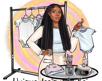 May include: A woman with long black hair is holding a white baby onesie. She is standing in front of a rack of baby clothes. There is a UV lamp, a nail drill, and a glass of nail brushes on a table in front of her. The text "Unique designs by Kei" is at the bottom of the image.