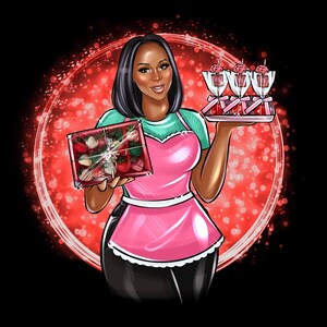 Puede incluir: Ilustraci&oacute;n de una mujer con un delantal rosa que sostiene una caja de fresas cubiertas de chocolate y una bandeja de postres. El fondo presenta un c&iacute;rculo rojo con efecto bokeh, y la mujer est&aacute; sonriendo.