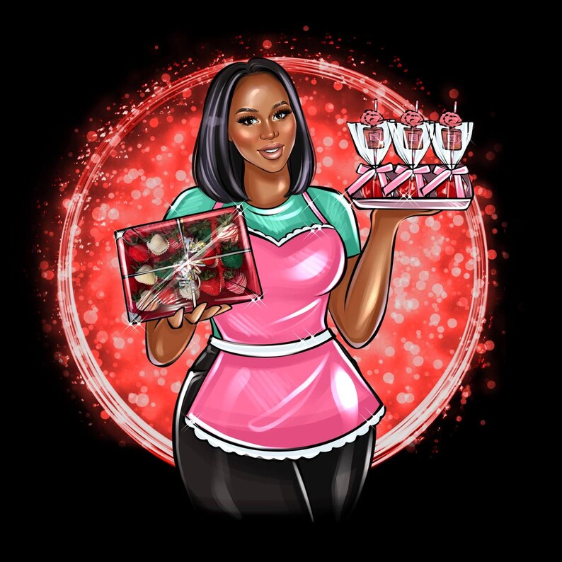 Puede incluir: Ilustraci&oacute;n de una mujer con un delantal rosa que sostiene una caja de fresas cubiertas de chocolate y una bandeja de postres. El fondo presenta un c&iacute;rculo rojo con efecto bokeh, y la mujer est&aacute; sonriendo.