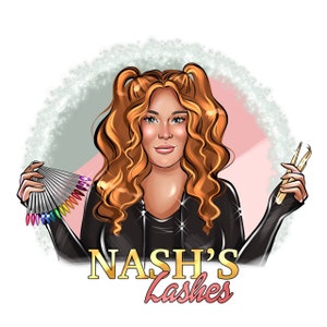 May include: A woman with long, curly red hair is holding a fan of colorful eyelash extensions and a pair of tweezers. The text "NASH'S Lashes" is written in gold letters below her.