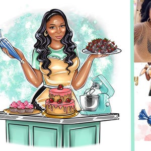 Puede incluir: Ilustraci&oacute;n de una mujer con un delantal amarillo sosteniendo un plato de fresas cubiertas de chocolate y una manga pastelera. Un pastel de dos pisos con fresas y cupcakes est&aacute;n en un mostrador con una batidora de pie turquesa.