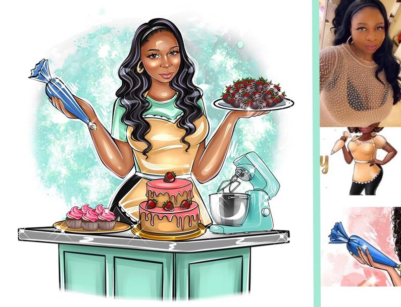 Puede incluir: Ilustraci&oacute;n de una mujer con un delantal amarillo sosteniendo un plato de fresas cubiertas de chocolate y una manga pastelera. Un pastel de dos pisos con fresas y cupcakes est&aacute;n en un mostrador con una batidora de pie turquesa.