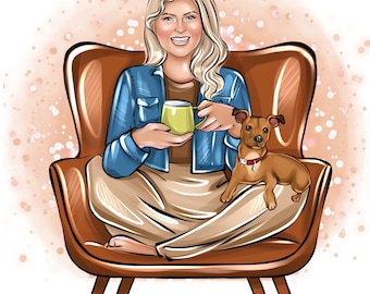 May include: A woman with blonde hair sits in a brown armchair with a small brown dog. She is holding a yellow mug in her hands. The background is a light peach color with white dots.
