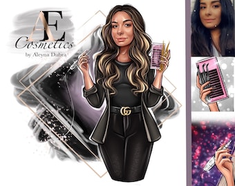 May include: A woman with long brown hair is holding a set of false eyelashes and a tool for applying them. The image is a logo for a business called "AE Cosmetics by Aleyna Dubra".