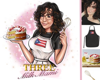 May include: A cartoon illustration of a woman wearing a white apron with a Puerto Rican flag on it, holding a plate with a three-layer cake decorated with strawberries. The text "THREE Milk Mami" is below the image.