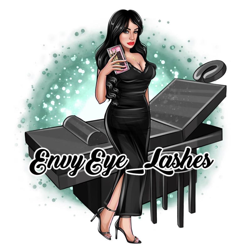 May include: Illustration of a woman in a black dress holding a package of false eyelashes. The image includes a black massage table and the text "Envy Eye Lashes" in a cursive font. The background is a teal colour with white dots.