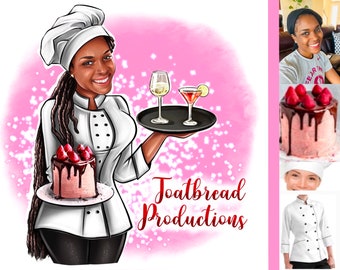 May include: A woman wearing a white chef's coat and hat holds a tray with two glasses and a plate with a pink cake topped with strawberries and chocolate. The background is pink with white polka dots. The text "Toatbread Productions" is written in red below the woman.