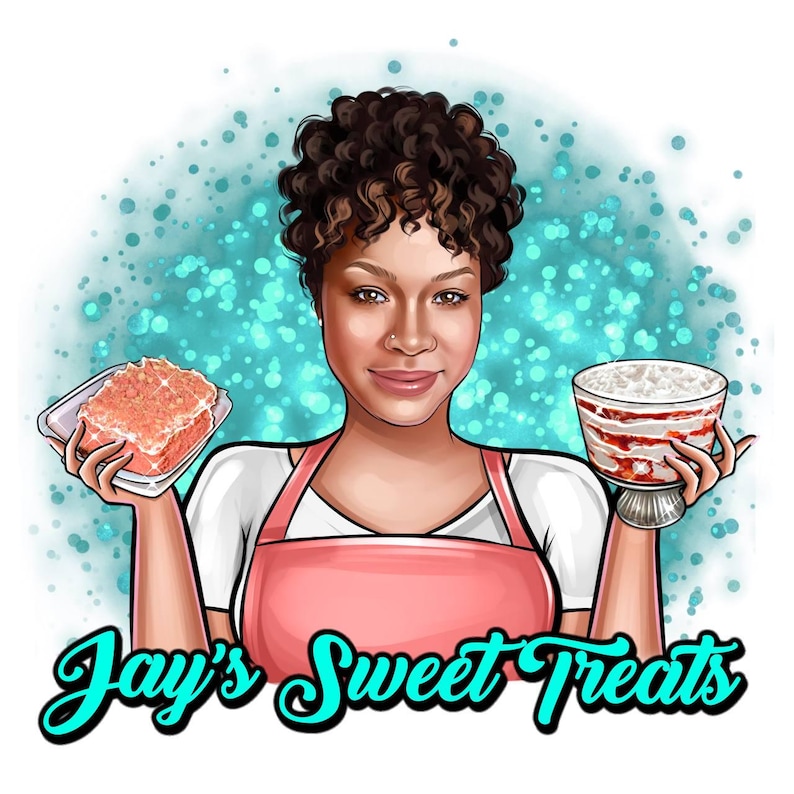 Puede incluir: Ilustraci&oacute;n de una mujer con un delantal rosa, sosteniendo un recipiente de comida y un postre en un vaso. El texto "Jay's Sweet Treats" est&aacute; escrito en gui&oacute;n turquesa en la parte inferior. El fondo es turquesa con puntos blancos.