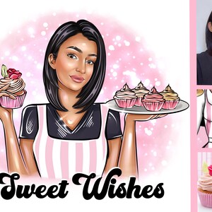K&ouml;nnte beinhalten: Eine Frau mit langen schwarzen Haaren h&auml;lt ein Cupcake und einen Teller mit Cupcakes. Sie tr&auml;gt eine rosa-wei&szlig; gestreifte Sch&uuml;rze und ein schwarzes Shirt. Der Text "Sweet Wishes" steht unter ihr.