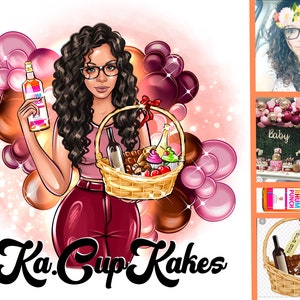 K&ouml;nnte beinhalten: Eine Cartoon-Illustration einer Frau, die eine Flasche Rum und einen Korb voller Cupcakes, Wein und Schokolade h&auml;lt. Der Text "Ka.Cup Kakes" steht unter dem Bild.