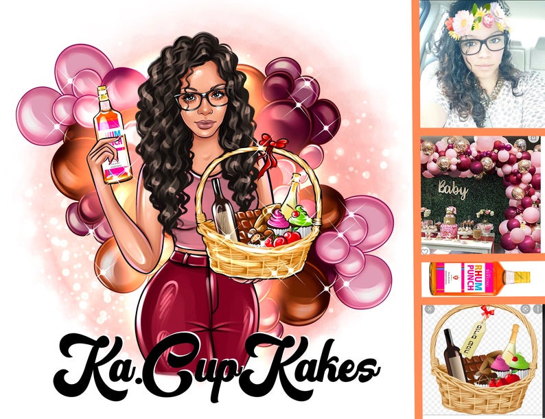 K&ouml;nnte beinhalten: Eine Cartoon-Illustration einer Frau, die eine Flasche Rum und einen Korb voller Cupcakes, Wein und Schokolade h&auml;lt. Der Text "Ka.Cup Kakes" steht unter dem Bild.