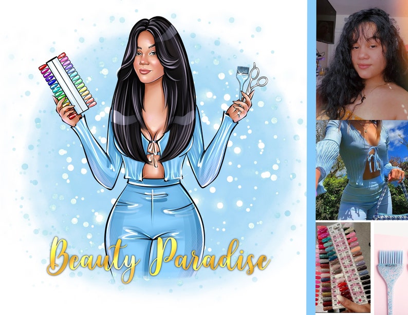 May include: A cartoon illustration of a woman with long black hair holding a nail polish color chart and hair cutting tools. The text "Beauty Paradise" is written below the image.