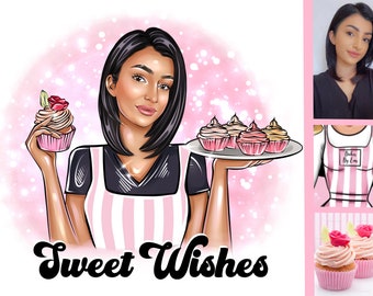 May include: A woman with long black hair is holding a cupcake and a plate of cupcakes. She is wearing a pink and white striped apron and a black shirt. The text "Sweet Wishes" is written below her.
