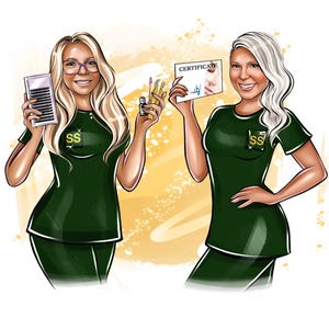 May include: Illustration of two women in green uniforms, holding beauty supplies. One holds a certificate, the other holds eyelash extensions and tools. Both wear uniforms with the initials "SS". The background is a yellow and white gradient.