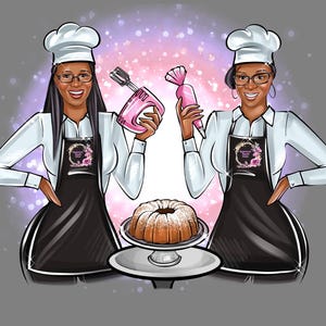 Puede incluir: Ilustraci&oacute;n de dos panaderos con gorros de chef blancos, gafas y delantales negros. Uno sostiene una batidora rosa, el otro una manga pastelera rosa. Un bizcocho bundt est&aacute; sobre un soporte plateado. El fondo es un degradado.