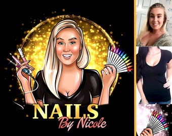 May include: A cartoon illustration of a woman with blonde hair holding nail tools and a fan of colorful nail polish. The text "NAILS By Nicole" is below the image.