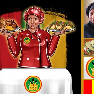 Puede incluir: Ilustraci&oacute;n de un chef con uniforme rojo sosteniendo platos de comida. Un plato tiene tacos, el otro varios alimentos cocinados. La imagen incluye el logo "SO-FULL CAFE" y un retrato de una mujer.