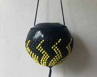 Neck Shekere, Black Gourd Round Shekere with Black and Yellow Beads, Thunder