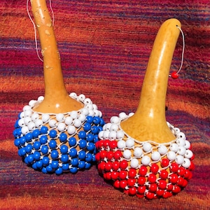 Gourd Maraca with Wooden Beads, Red and White/ Blue and White Maraca set