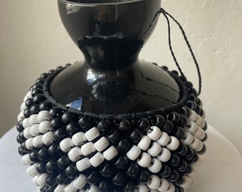 Small Black Gourd Shekere with Black and White Beads Work