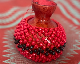 Small Red Gourd Shekere with Black Stripe, Red and Black Beads Shekere