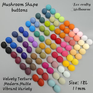 May include: A selection of mushroom-shaped buttons in a range of colours, such as blue, green, red, and yellow. The buttons have a velvety texture and a modern matte finish. The text "Mushroom Shape buttons" and "Velvety Texture Modern Matte Vibrant Variety" is visible.