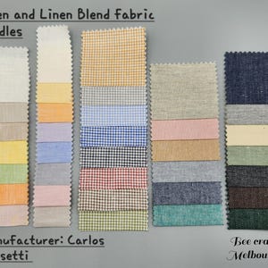 May include: A selection of linen and linen blend fabric swatches in diverse colours and patterns. The image includes text that reads "Linen and Linen Blend Fabric Bundles," "Manufacturer: Carlos Bassetti," and "Bee crafty Melbourne."