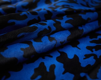 Stenciled Sapphire Blue Camouflage Cowhide Leather: Hair on Hide Upholstery
