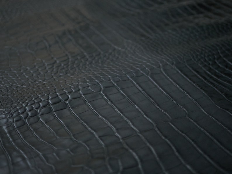May include: Close-up of black alligator embossed leather with a textured, scaly pattern.